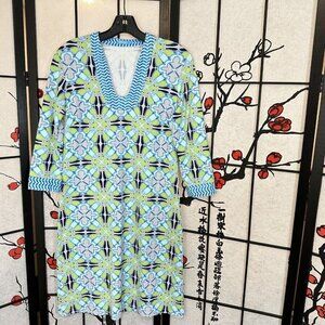 J McLaughlin catalina cloth blue green 3/4 sleeves v-neck shift dress size S